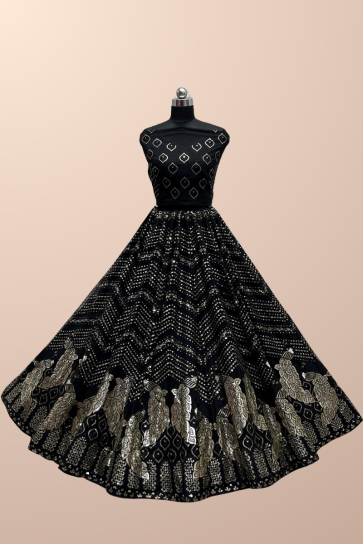 Net Sequins Work Lehenga Choli In Black Color