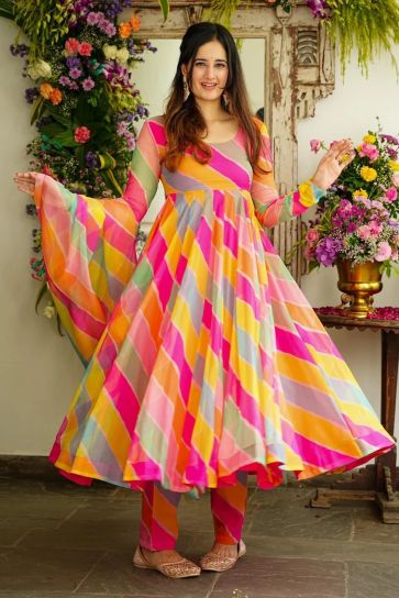 Georgette Fabric Magnificent Digital Printed Gown With Dupatta In Multi Color
