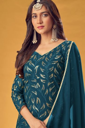 Innovative Embroidered Work On Teal Color Georgette Fabric Sangeet Wear Palazzo Suit