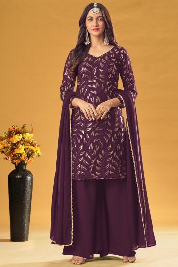 Sangeet Wear Wine Color Captivating Embroidered Work Palazzo Suit In Georgette Fabric