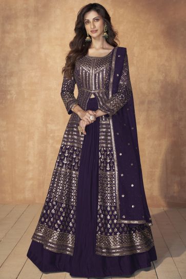 Diksha Singh Imperial Purple Color Georgette Readymade Sharara Top Lehenga