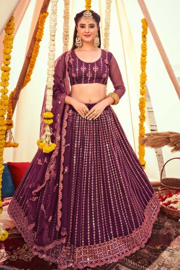 Embroidered Designs On Purple Color Net Fabric Remarkable Lehenga