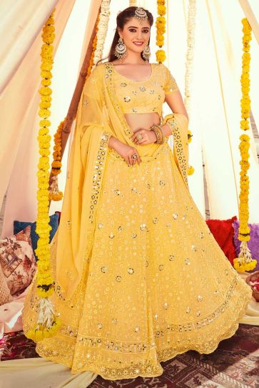 Beauteous Yellow Color Embroidered Lehenga In Georgette Fabric