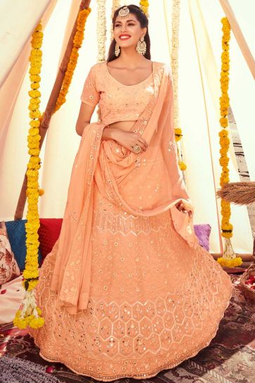 Embroidered Work Peach Color Georgette Fabric Dreamy Lehenga