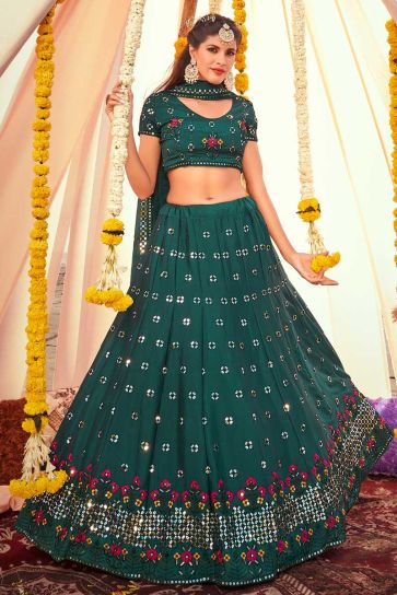 Chinon Fabric Teal Color Embroidered Engrossing Lehenga