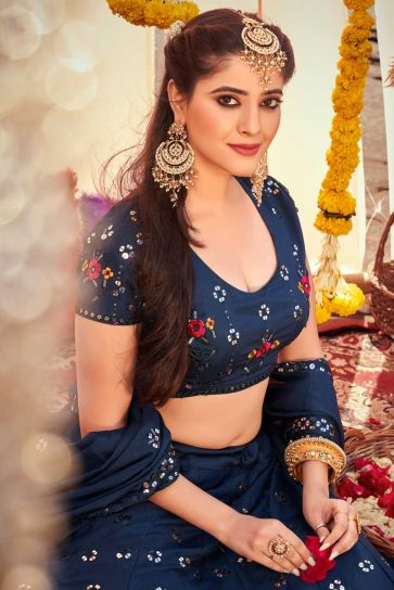 Navy Blue Color Embroidered Designs On Chinon Intriguing Lehenga