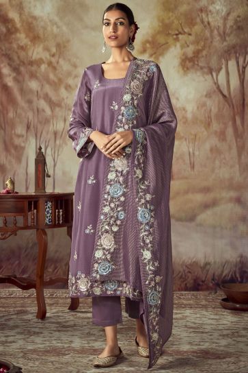Art Silk Fabric Lavender Color Riveting Salwar Suit In Party Wear