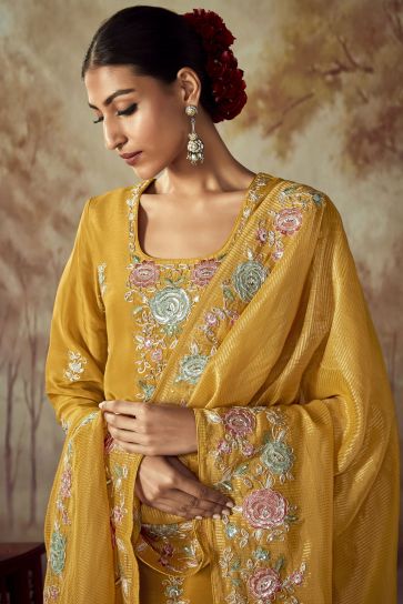 Yellow Color Art Silk Fabric Engaging Salwar Suit In Party Wear