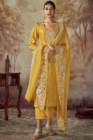 Yellow Color Art Silk Fabric Engaging Salwar Suit In Party Wear