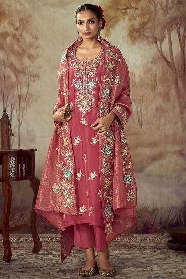 Party Wear Art Silk Fabric Bewitching Salwar Suit In Pink Color