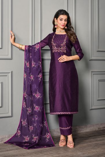Radiant Purple Color Festive Wear Cotton Silk Readymade Salwar Suit
