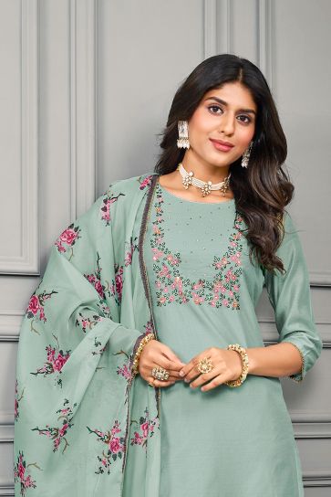 Blazing Sea Green Color Festive Wear Cotton Silk Readymade Salwar Suit