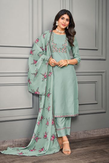 Blazing Sea Green Color Festive Wear Cotton Silk Readymade Salwar Suit