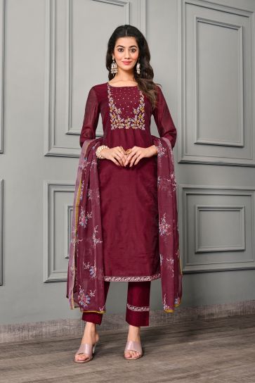 Graceful Festive Wear Maroon Color Cotton Silk Readymade Salwar Suit