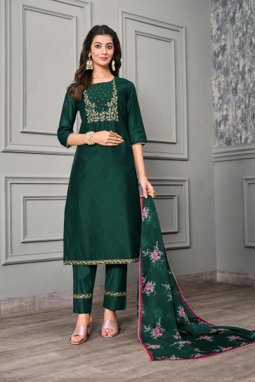 Attractive Festive Wear Dark Green Color Cotton Silk Readymade Salwar Suit