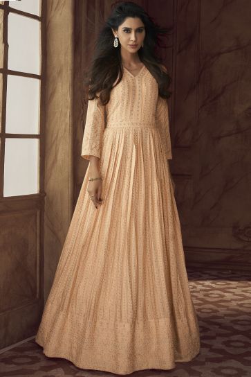 Dimple Sharma Peach Color Enticing Readymade Georgette Gown