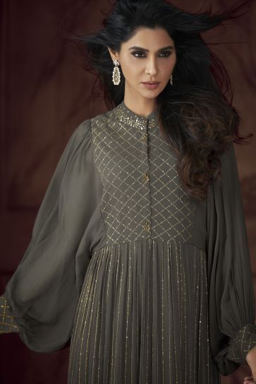 Dimple Sharma Traditional Readymade Grey Color Georgette Gown