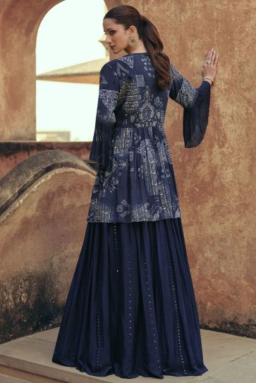 Diksha Singh Fashionable Navy Blue Color Readymade Chinon Silk Lehenga With Koti 