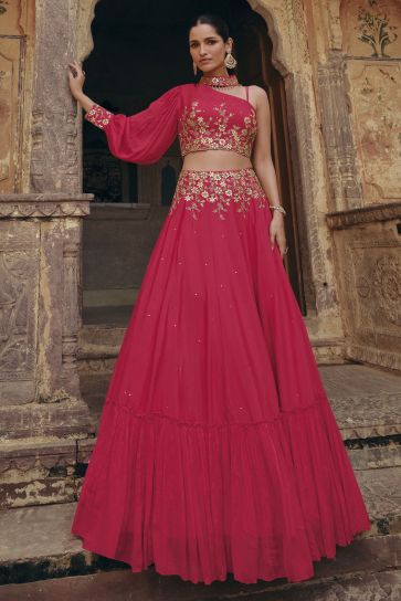 Vartika Singh Glamorous Rani Color Readymade Chinon Silk Lehenga 