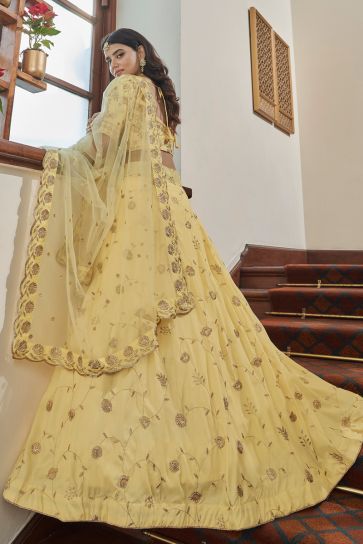 Yellow Color Art Silk Fabric Adorming Sequins Work Lehenga