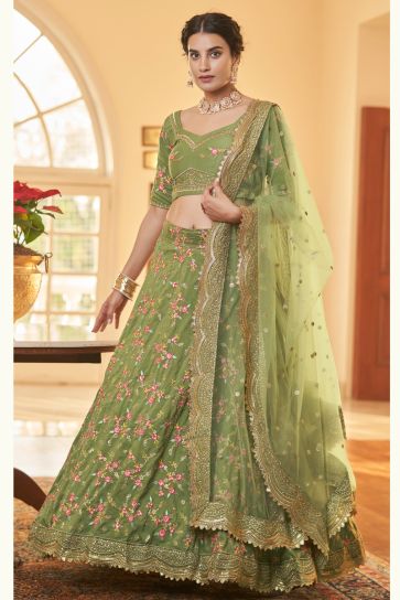 Green Color Chinon Fabric Ravishing Sangeet Wear Lehenga