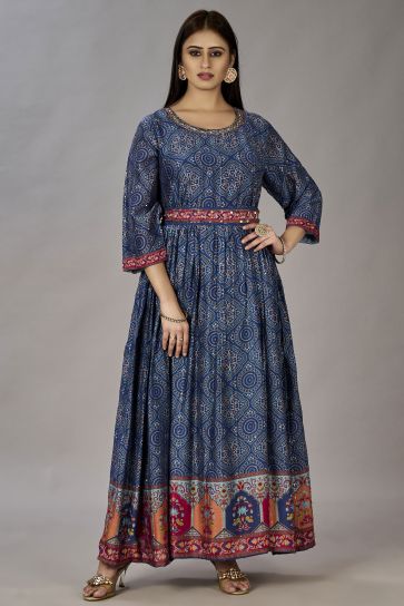 Contemporary Navy Blue Color Art silk Fabric Readymade Gown With Embroidered Work
