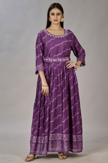 Vibrant Purple Color Art silk Fabric Embroidered Readymade Gown For Party