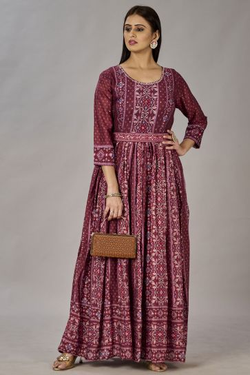 Traditional Maroon Color Art silk Fabric Embroidered Readymade Gown 