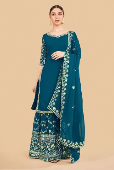 Teal Color Georgette Fabric Charming Function Wear Palazzo Suit