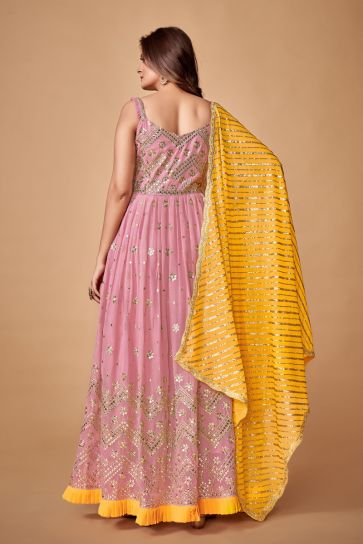 Georgette Fabric Pink Color Attractive Function Wear Gown