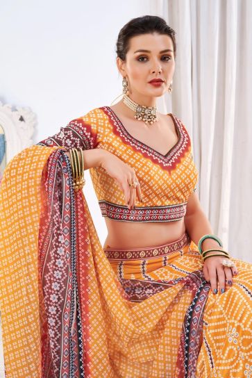 Sangeet Wear Chinon Fabric Yellow Color Excellent Lehenga With Printed Work