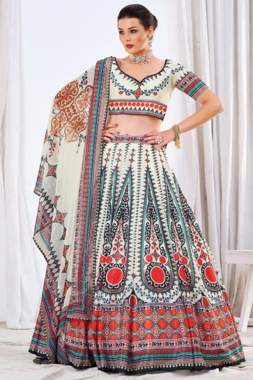 Off White Color Chinon Fabric Sangeet Wear Special Lehenga With Printed Work
