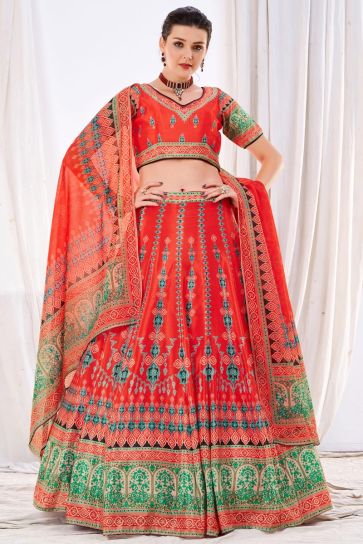Printed Work On Chinon Fabric Sangeet Wear Bewitching Lehenga In Red Color