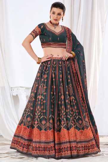 Black Color Chinon Fabric Sangeet Wear Coveted Lehenga With Printed Work