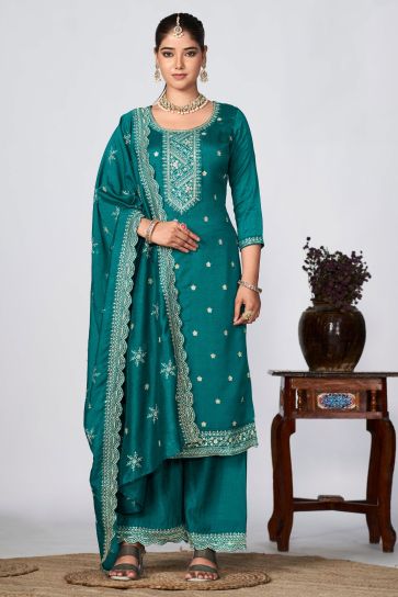 Fancy Fabric Teal Color Festive Wear Winsome Palazzo Suit