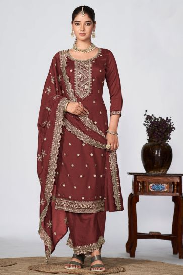 Creative Festive Wear Fancy Fabric Palazzo Suit In Brown Color