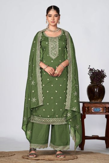 Tempting Fancy Fabric Green Color Festive Wear Palazzo Suit 