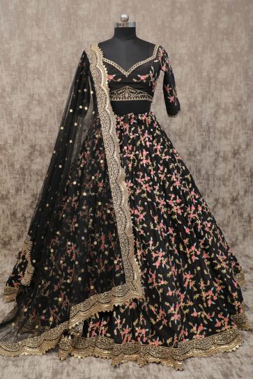Black Chinon Silk Festive Wear Embroidered Chaniya Choli With Beautiful Blouse