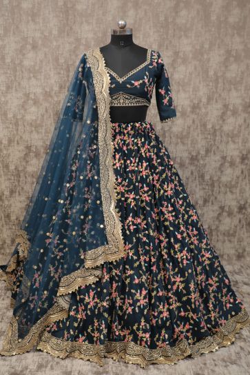 Occasion Wear Navy Blue Embroidered Lehenga In Chinon Silk Fabric With Designer Blouse