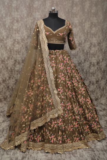 Embroidered Brown Chinon Silk Function Wear Lehenga Choli With Wedding Wear Blouse