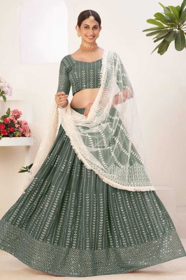 Tempting Georgette Fabric Green Color Lehenga With Sequins Work