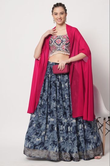 Navy Blue Color Silk Fabric Function Wear Exquisite Printed Lehenga