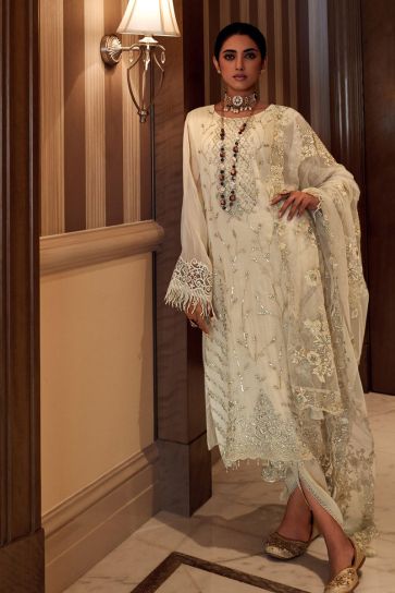 Organza Fabric Imposing Embroidered Salwar Suit In White Color