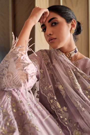 Lavender Color Embroidered Organza Fabric Vintage Salwar Suit