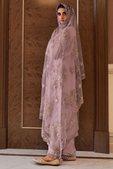 Lavender Color Embroidered Organza Fabric Vintage Salwar Suit