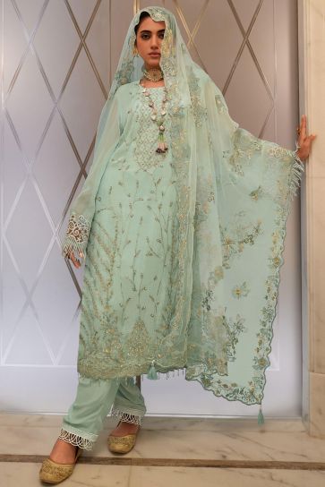 Embroidered Organza Fabric Light Cyan Color Wonderful Salwar Suit