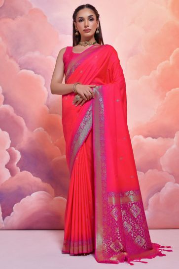 Pink Exclusive Weaving Work Art Silk Fabric Sarees
