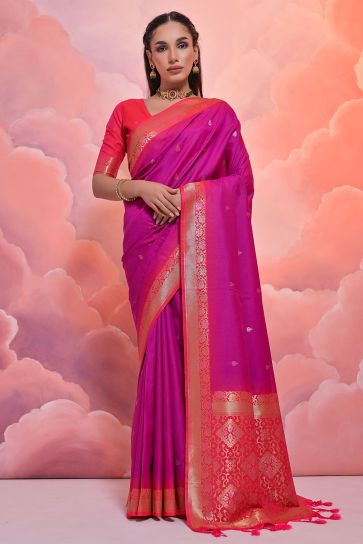 Attractive Magenta Weaving Work Art Silk Fabric Designer Saree