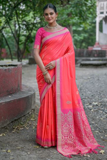 Buy Peach Zari based Silk Saree With Blouse Piece online-Karagiri