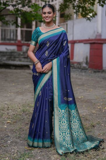 Art Silk Fabric Navy Blue Fancy Weaving Work Function Wear Saree